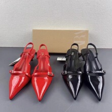 西班牙2024夏季新品ZA女鞋尖头包头皮带扣中跟凉鞋女细跟红色婚鞋