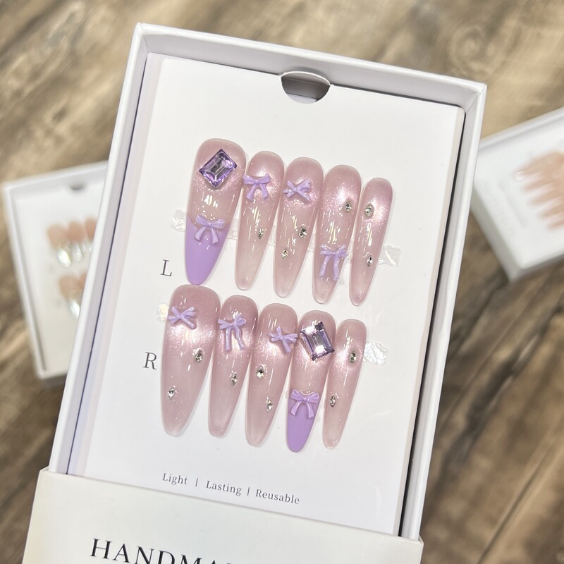 Dai Risen Literary Style Purple French Bow Cat Eye Manicure Removable Manicure Stickers Pure Handmade Wearable Nails