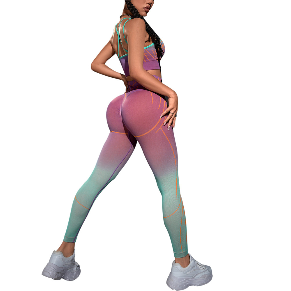 Europa y América transfronteriza sexy gradiente a rayas honda de las Mujeres Nuevo gradiente de cintura alta Levantamiento de cadera deportes fitness ropa de yoga traje