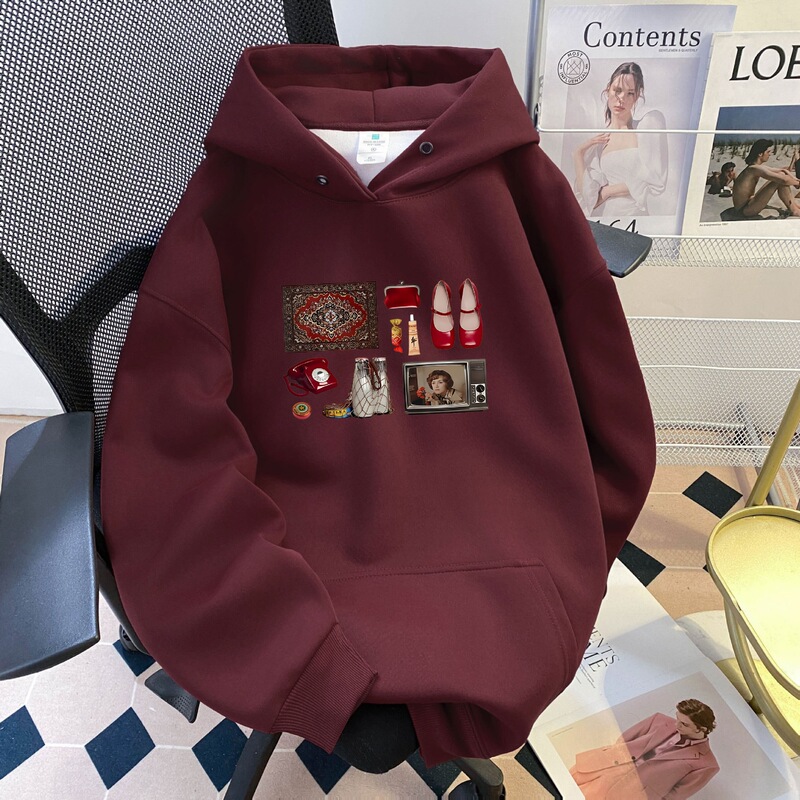 Autumn and Winter Women's Casual Simple and Fun Printed Sweatshirt Y2K Multifunctional Southeast Asian Style Retro Hooded Sweatshirt