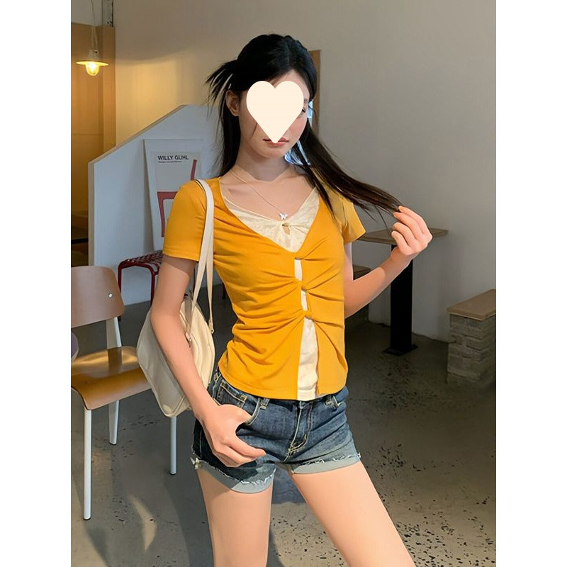 Mango Yellow Faux Two-Piece Lace Short-Sleeve T-Shirt for Women, Summer Slim-Fit American Style Spicy Girl Top Mango Yellow Faux Two-Piece Lace Short-Sleeve T-Shirt for Women, Summer Slim-Fit American Style Spicy Girl Top