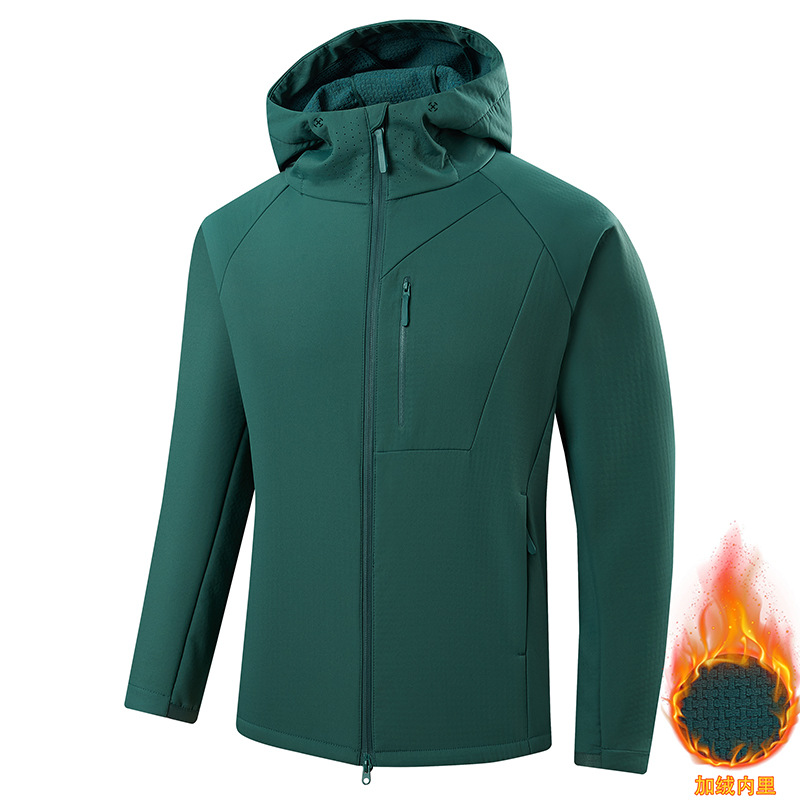 Autumn soft shell lightweight outdoor hooded windproof fleece-lined cardigan jacket, solid color high-quality top, can be printed or embroidered with a logo