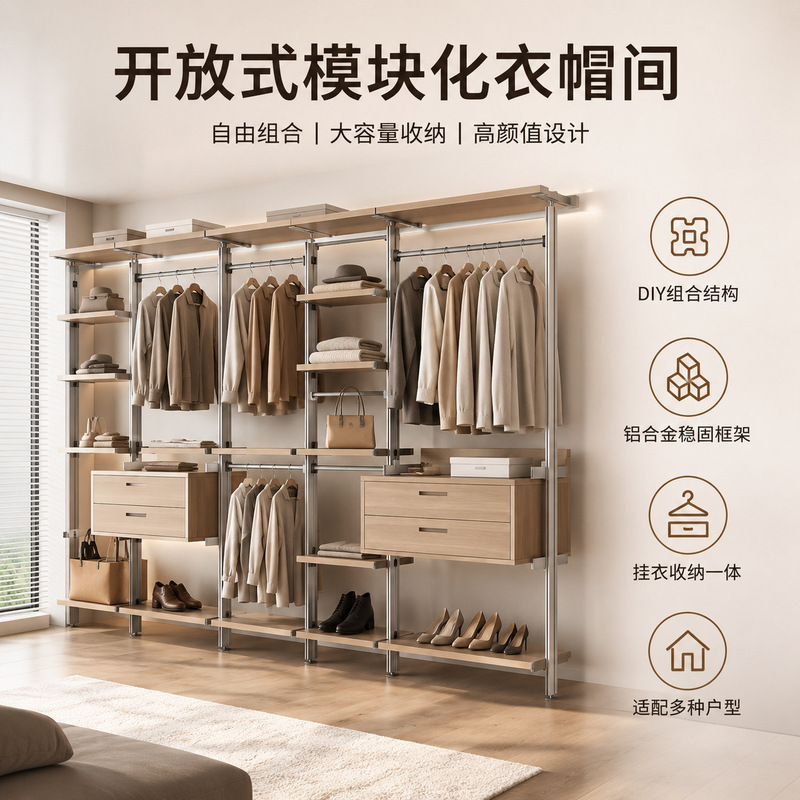 Walk-In Wardrobe Floor-Standing Metal Storage Rack DIY Open-Style Wardrobe Floor-To-Ceiling Modular System