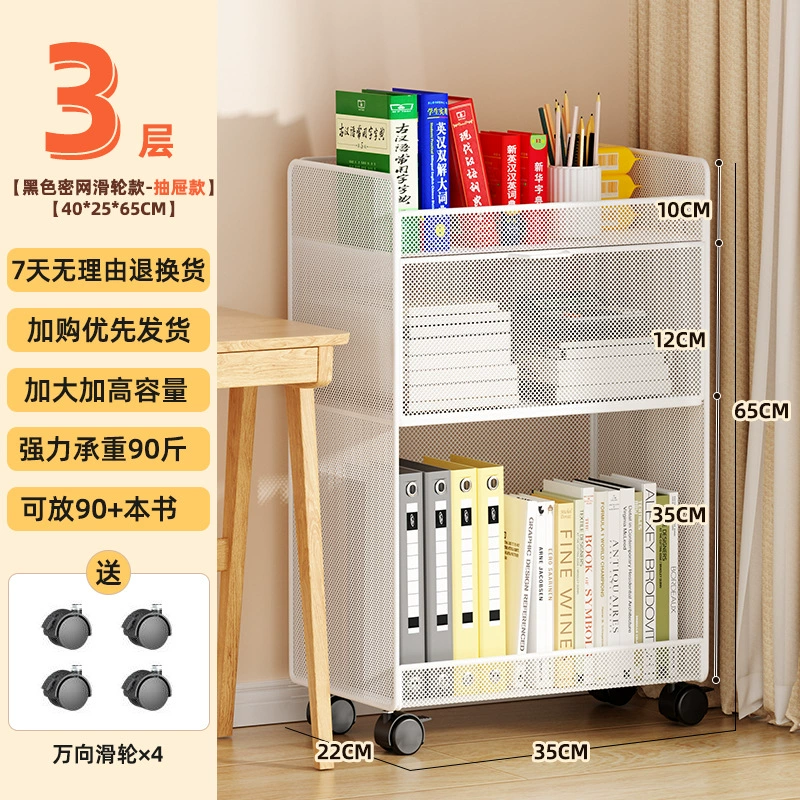 Small movable bookshelf, desktop-to-floor storage with wheels, multi-tier compact organizer