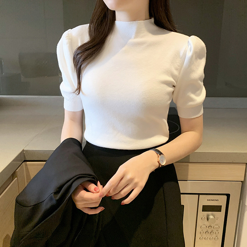 半高领针织衫毛衣女秋冬内搭打底衫2024年春秋新款修身泡泡袖上衣