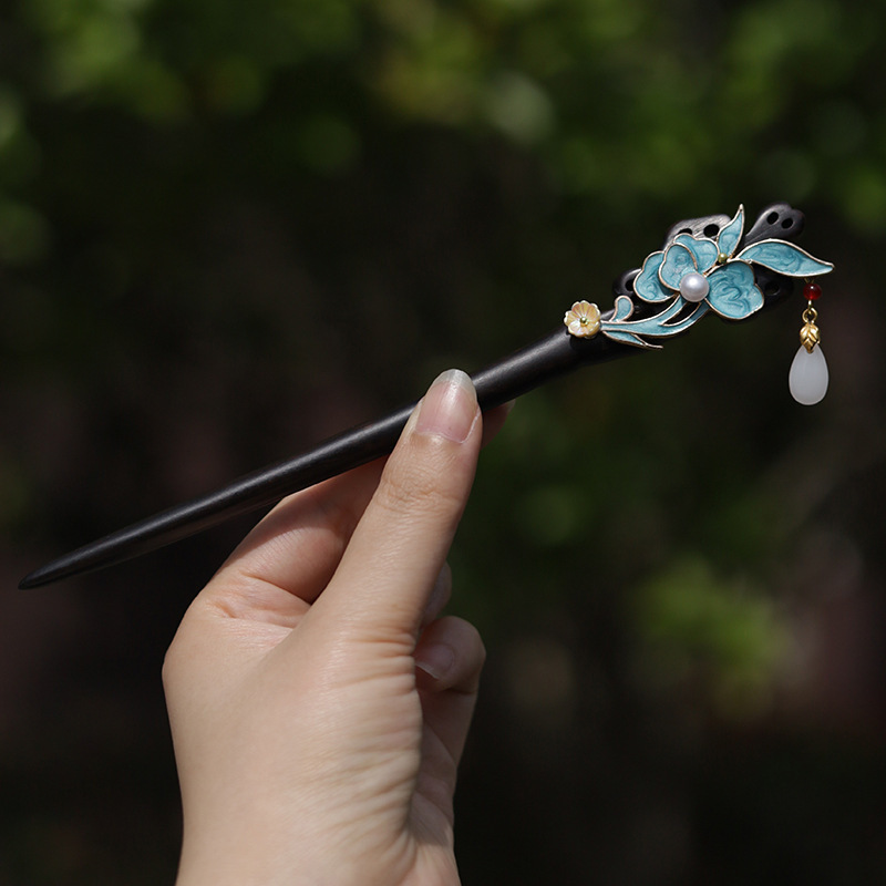 Ancient Style Imitation Green Burned Blue Butterfly Double-Sided Hairpin New Chinese Style High-end Hanfu Hair Accessories Natural Ebony Hairpin Ancient Style Imitation Green Burned Blue Butterfly Double-Sided Hairpin New Chinese Style High-end Hanfu Hair Accessories Natural Ebony Hairpin
