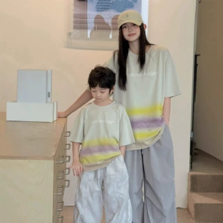 夏季新款韩版儿童男宝女宝扎染拼色百搭基础童装亲子一家三口短袖