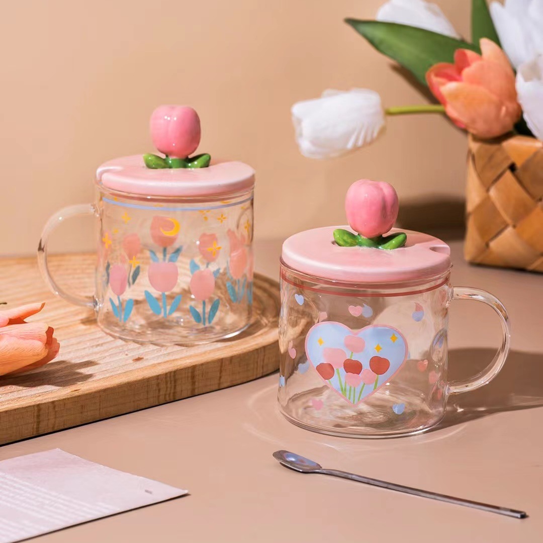 3D Flor de cerámica taza con tapa cuchara regalo personalizado japonés beber café