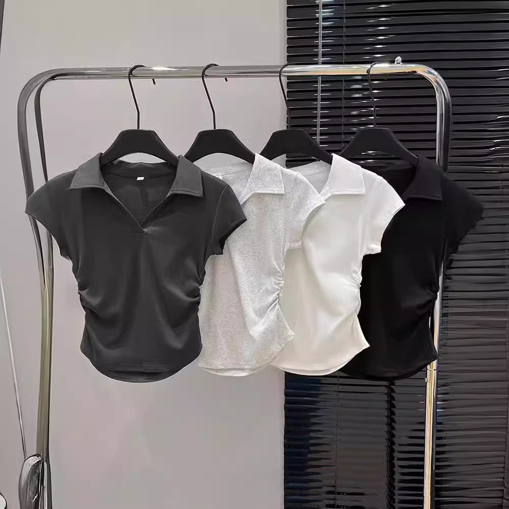 Women's Clothing Slim Fit Polo Collar Top Short Sleeve Ruched V Neck Grey T-Shirt Stylish Fitted Hot Girl Look Summer_voghion.com