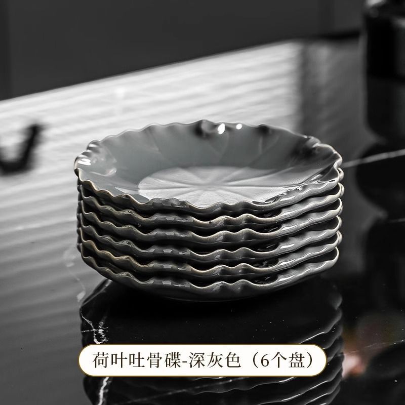 荷叶陶瓷吐骨碟轻奢小吃盘甜品盘干果盘高颜值小碟子带收纳架套装|undefined