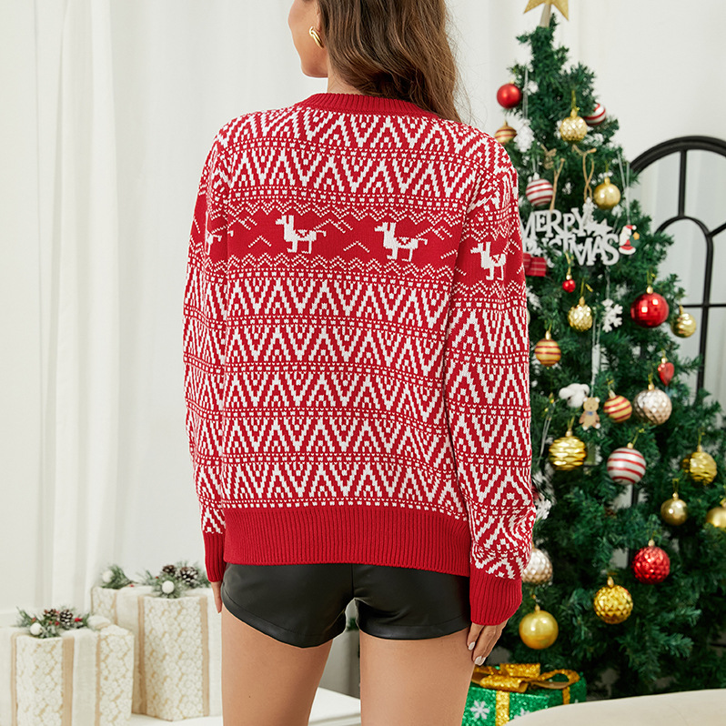 Pull festif en maille alpaga – Pull ras du cou confortable avec broderie 3D (motif animal de Noël, acrylique épais, tailles S/M/L/XL, idéal pour les fêtes et le quotidien)_voghion.com