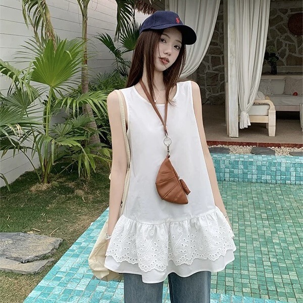 French Double Layer Cake Lace Camisole Women's Mid-length Stitching Bottom Shirt Stacked Sleeveless Top