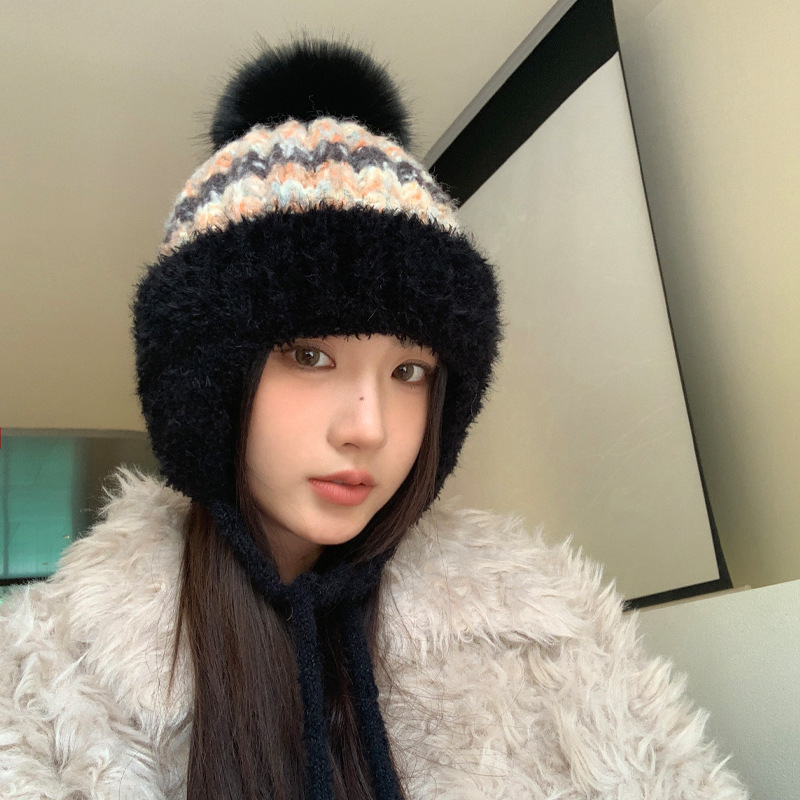 韩版冬季帽子女加厚保暖针织帽护耳毛绒骑行包头帽可爱甜美毛线帽|undefined