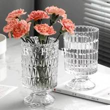 北欧风法式复古轻奢浮雕餐桌透明高脚玻璃花瓶高级感风灯玻璃花瓶