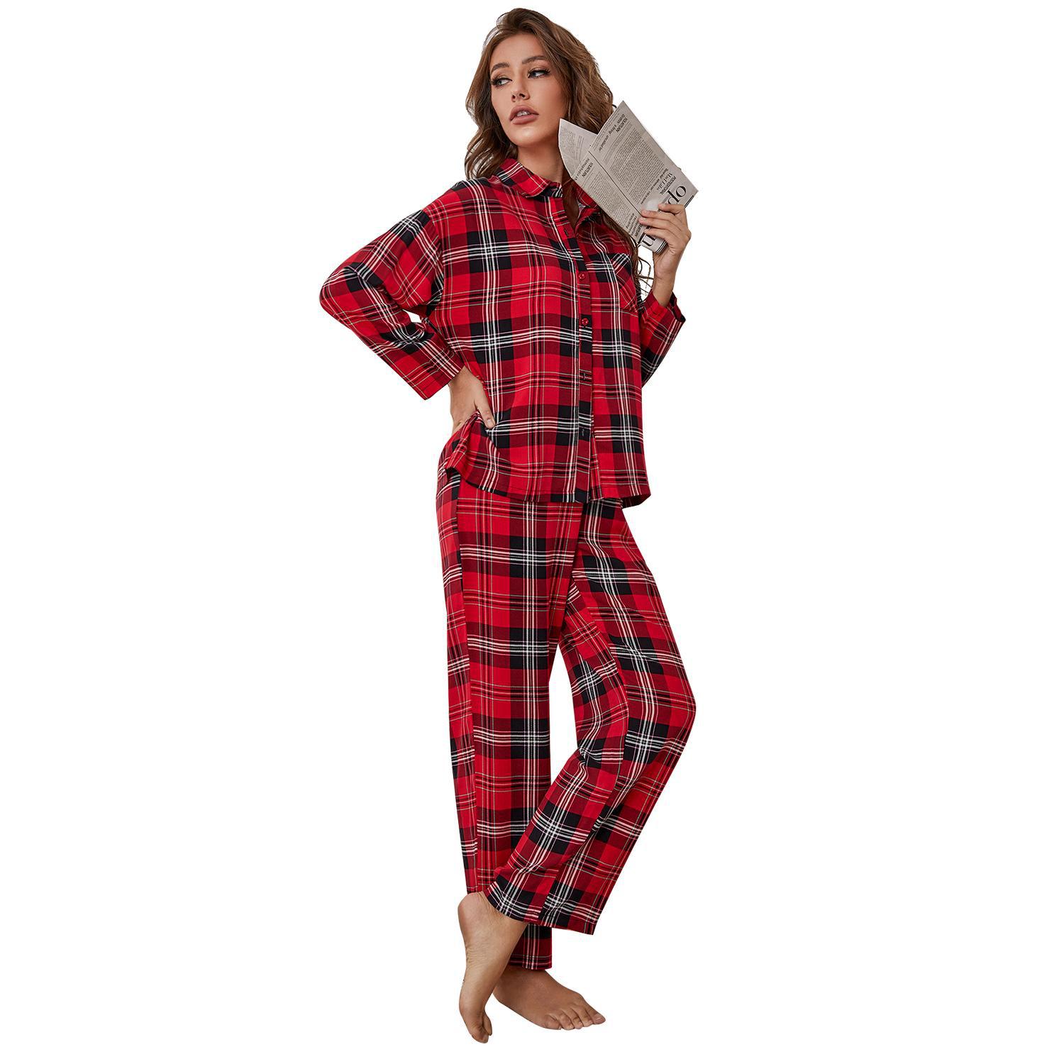 women red plaid long sleeved autumn and winter home clothes two piece set that can be worn outside foreign trade  _voghion.com