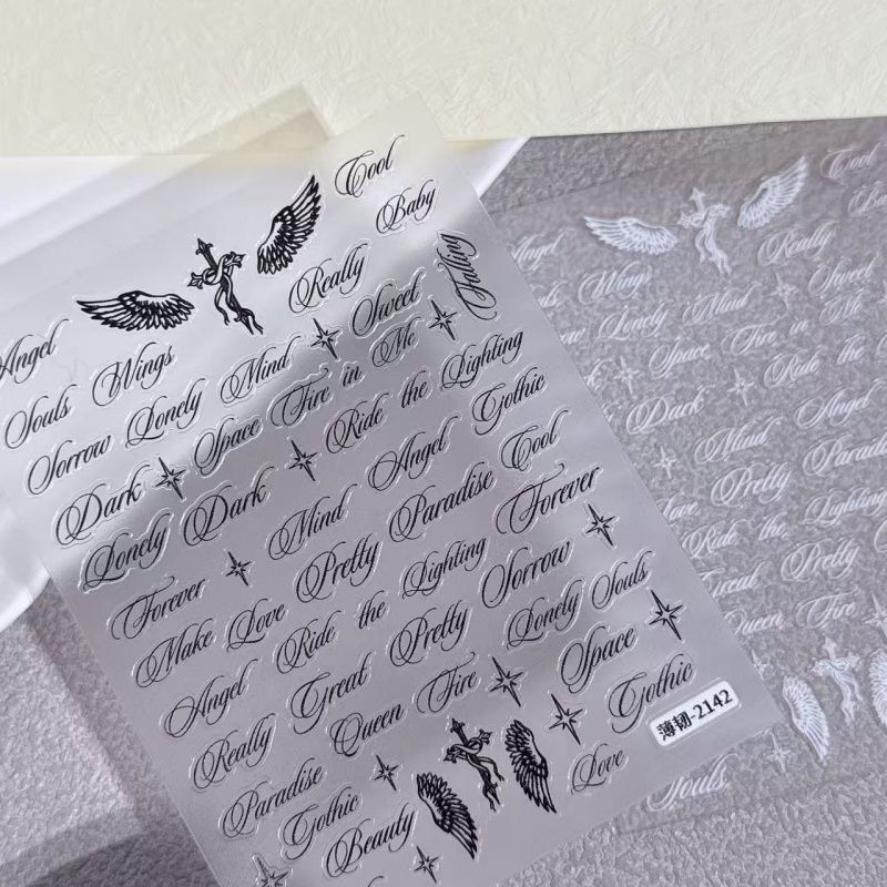 New popular English letter black and white wing nail stickers, Japanese ins style versatile decorative nail stickers