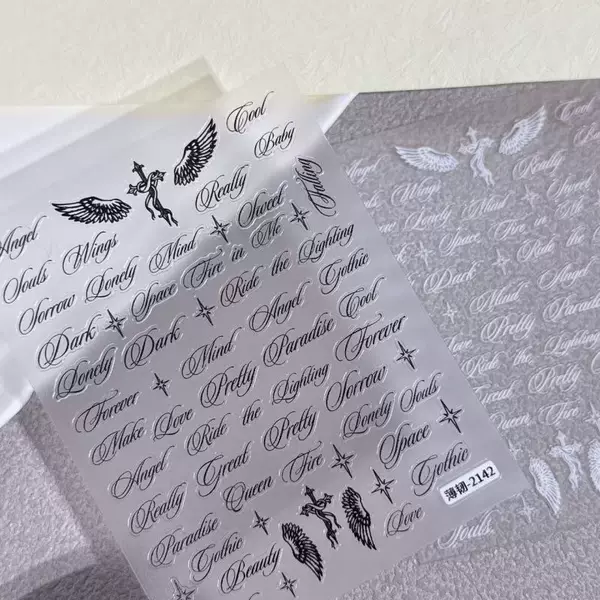 New popular English letter black and white wing nail stickers, Japanese ins style versatile decorative nail stickers