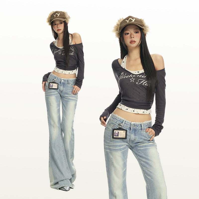 Lace Patchwork Flared Jeans for Women 2025 Autumn New Light Blue Washed Low Waist Slimming Flare Pants