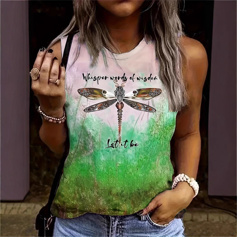 2024Temu Cross-Border European and American Digital Print Plus-Size Tank Top for Women, Dragonfly Design, Slimming 3D Effect