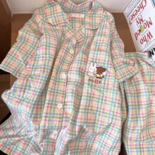 少女公主风彩色格纹米菲兔睡衣女夏季短袖短裤开衫两件套家居服