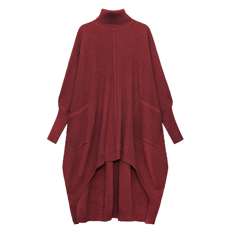 Estilo americano turtleneck Vestido de punto de las mujeres otoño nueva suelta adelgazamiento nicho diseño estilo occidental irregular suéter vestido