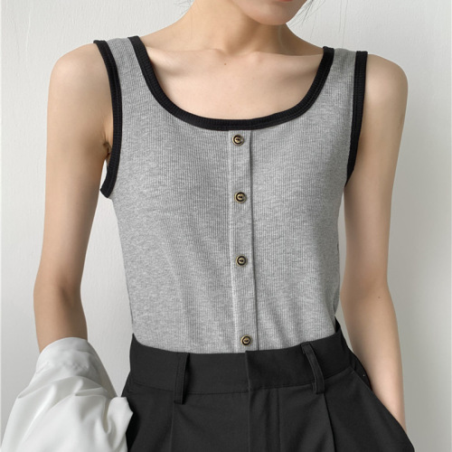 2024 new fashion camisole buttoned ribbed cotton niche short style foreign style outer layer top