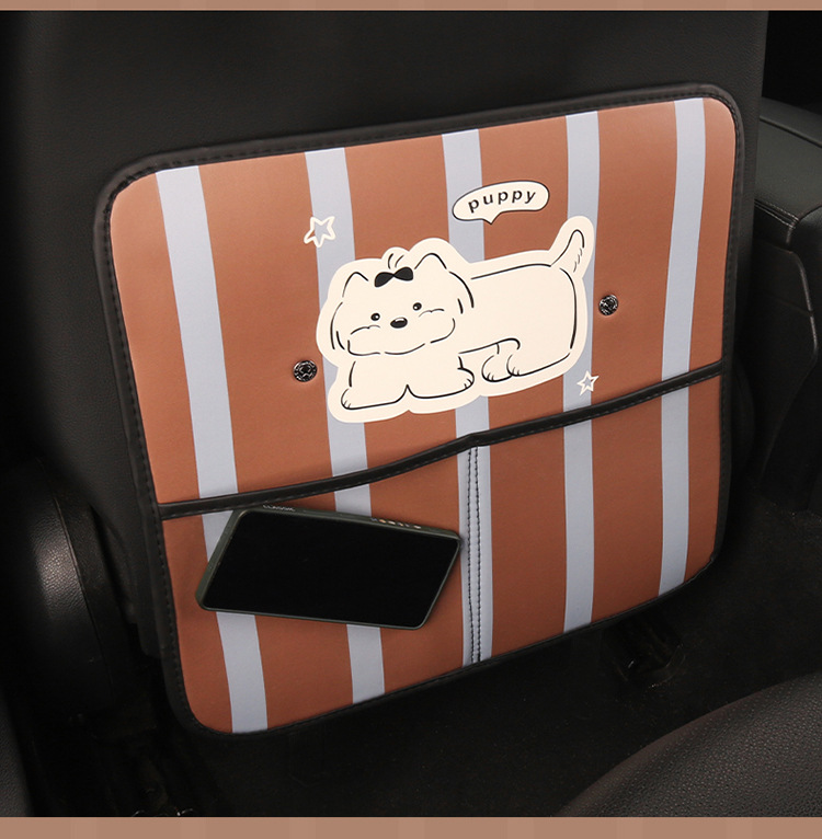 Cute Striped Puppy Car Seat Back Anti-Kick Pad for Rear Seats, Anti-Dirt and Anti-Stain Pad with Storage Pocket