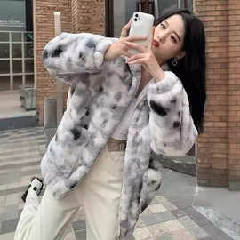 女士小香风外套女装冬季新款韩版加厚扎染小个子仿羊羔毛绒外套女