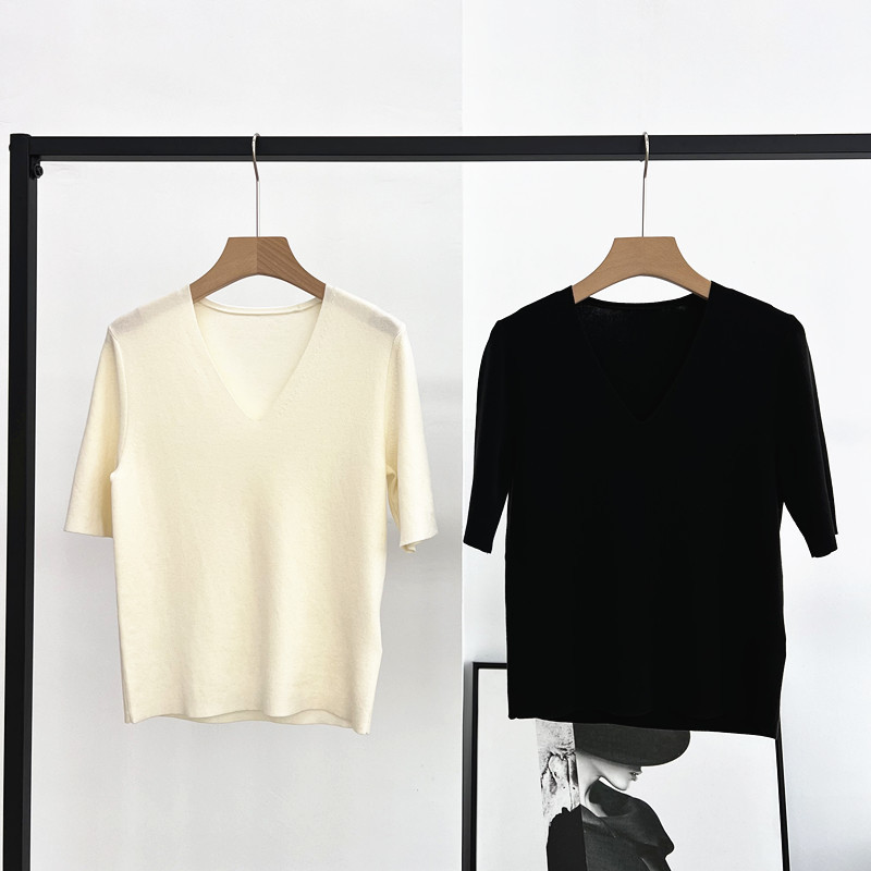 24 Summer Women's Top Pullover V-Neck Short Sleeve Solid Color Simple Straight Elastic Thin Mulberry Silk Knitted T-Shirt