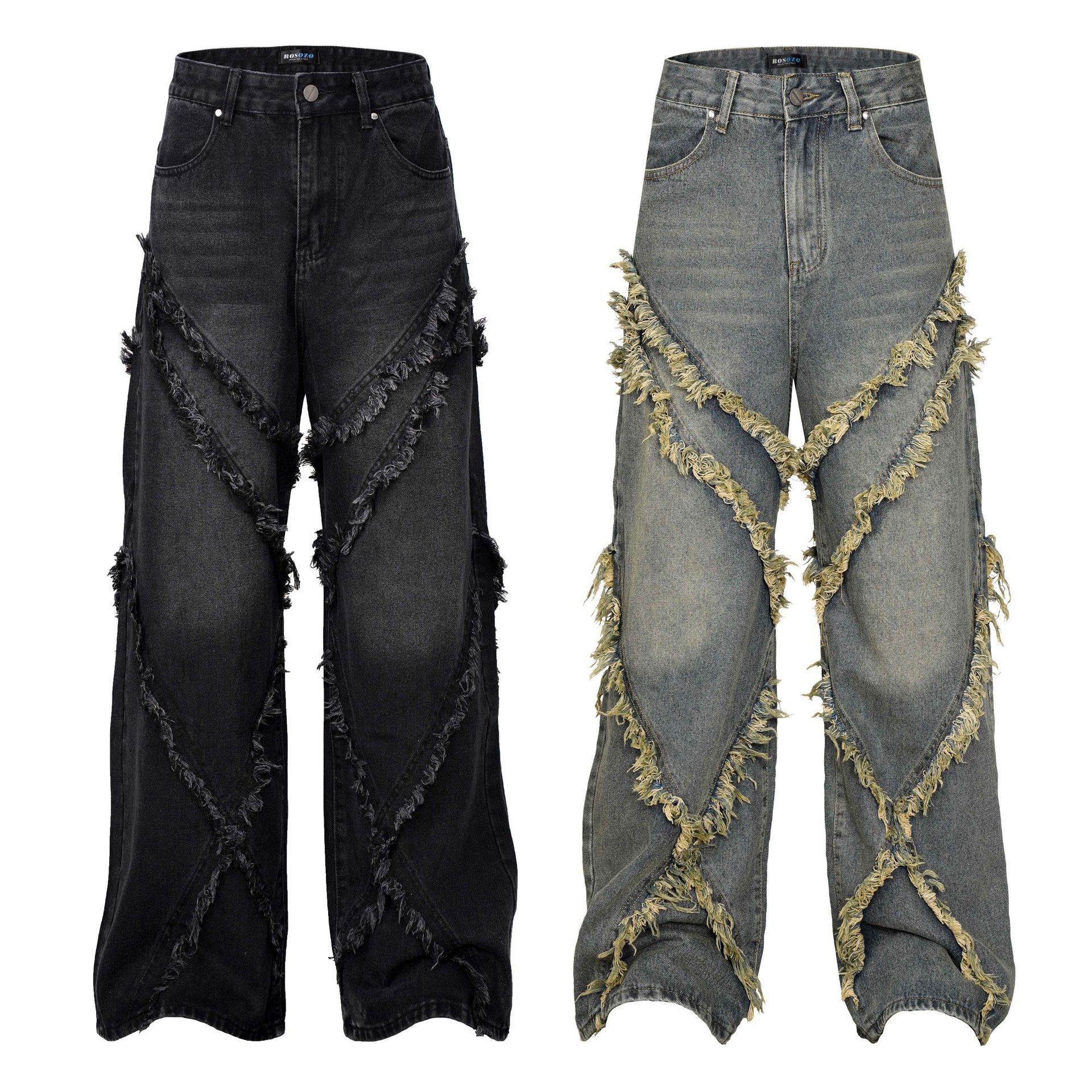 Unisex High Street Vintage Washed Distressed Patchwork Jeans Relaxed Wide Leg Straight Denim Pants for Men And Women_mkmklike.com