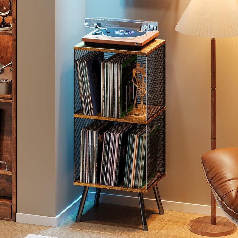 Two-Tier Vinyl Record Storage Rack in Country Vintage Style with Adjustable Dividers for Classical Music Records