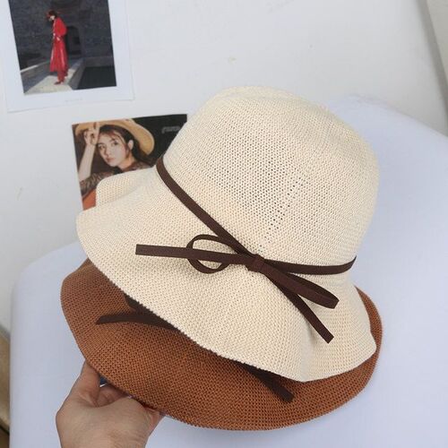 Butterfly knot strap fisherman hat, women's grass hat, Japanese style small brim summer outing versatile sun protection hat for girls and boys, spring