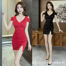 性感高弹低胸v领修身包臀短袖连衣裙打底短裙夜场性感显瘦技师服