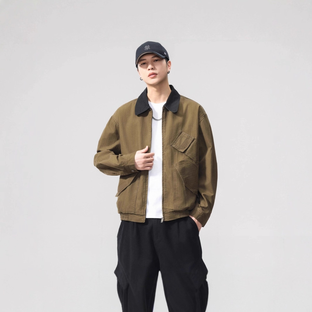 Liyang2025 Barn Style Multi-Pocket Work Jacket Heavy Vintage Turn-Down Collar Detroit Men's Casual Coat