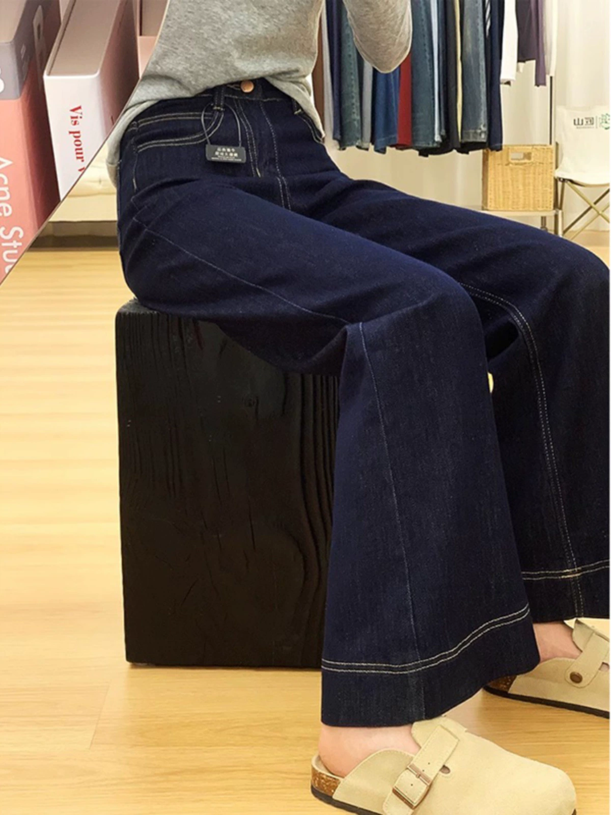 Danning синий маленький микро-джинсы женский 2025 весна темно-синий с высокой талией тонкая, широкие брюки расклешенные брюки