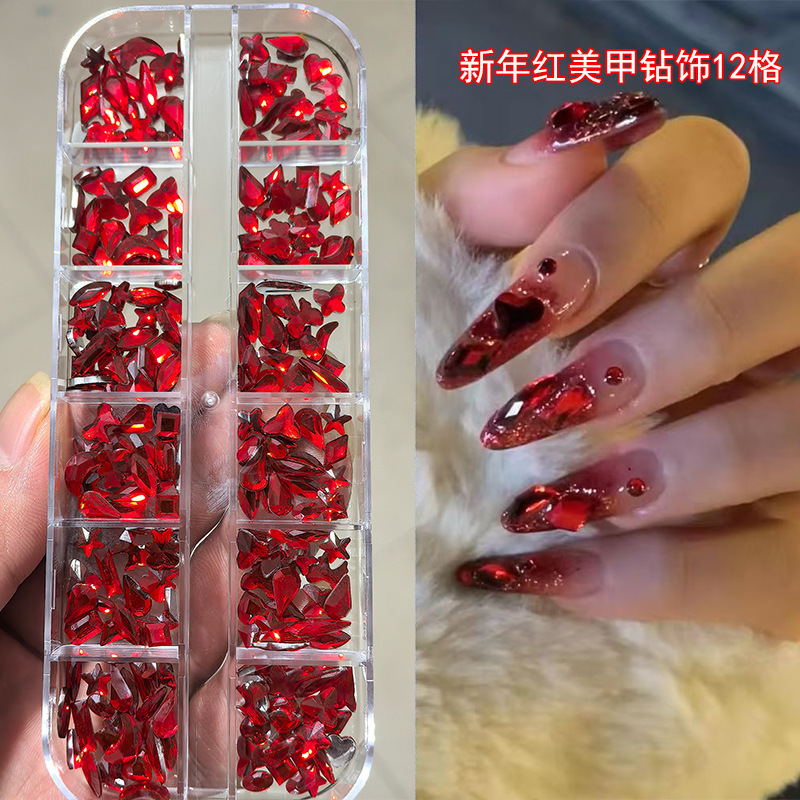 Internet-popular New Year Red Nail Art Special-shaped Diamond Jewelry Acrylic Diamond Flat Bottom Nail Wear Armor Accessories