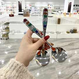 家用不锈钢勺子七彩珐琅勺轻奢高颜值吃饭勺子餐厅甜品勺儿童饭勺