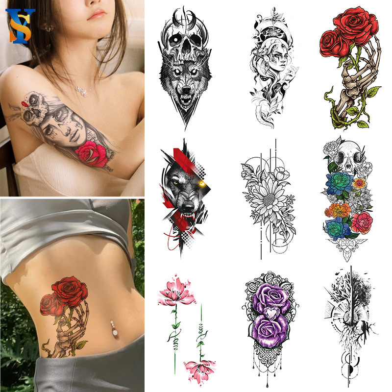 New small full arm tattoo stickers waterproof sweat-proof wolf flowers men and women flower arm simulation temporary tattoo stickers wholesale