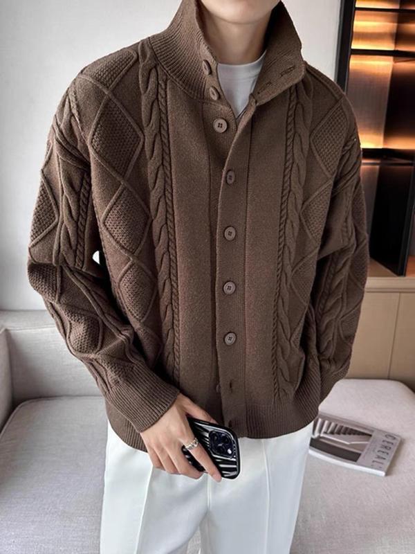 2025 New Cross-Border Dropshipping Men's Solid Color Cable Knit Sweater, Casual Regular Fit Long Style