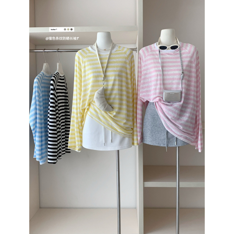 South Korea Dongdaemun Color Stripe Mask Long-sleeved T-shirt Sunscreen Shirt Women's Summer Thin Loose All-match Top Trendy