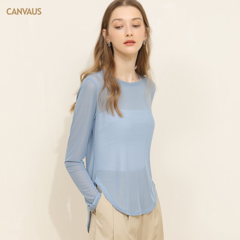 CANVAUS Mujeres Nuevo Otoño de manga larga suelta cuello redondo malla ahueca hacia fuera vestir prendas exteriores superior para las en stock venta al por mayor