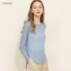 CANVAUS女装新款秋季长袖宽松圆领网纱镂空外穿上衣女现货批发
