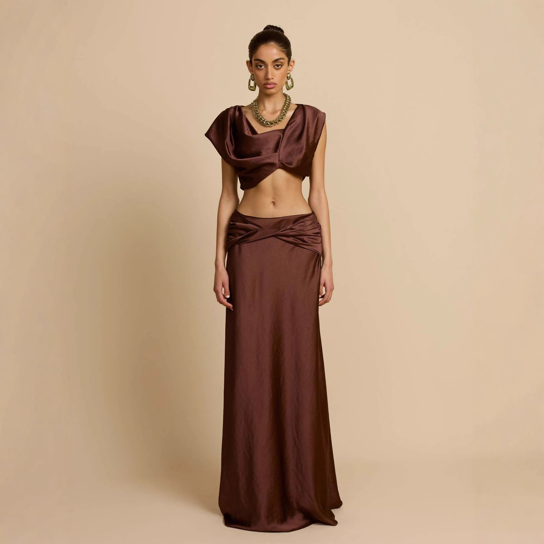 Sexy Geometric Panel Two-Piece Dress Set, Ruched Bustier Top With Asymmetrical Skirt For Women Fashion-Forward Two-Piece Set_ecoleips.com