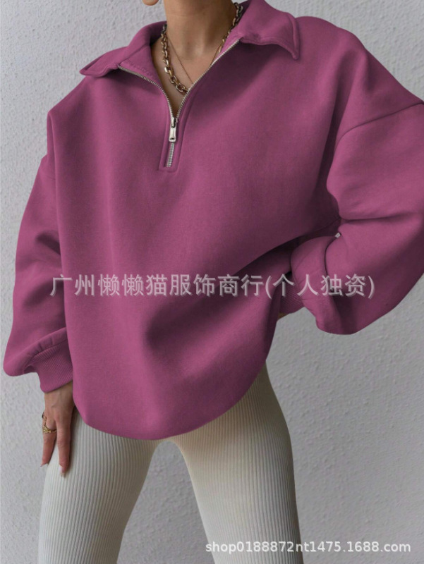 2025新款亚马逊春秋新款女式纯色宽松半拉链开襟长袖简约休闲卫衣|undefined