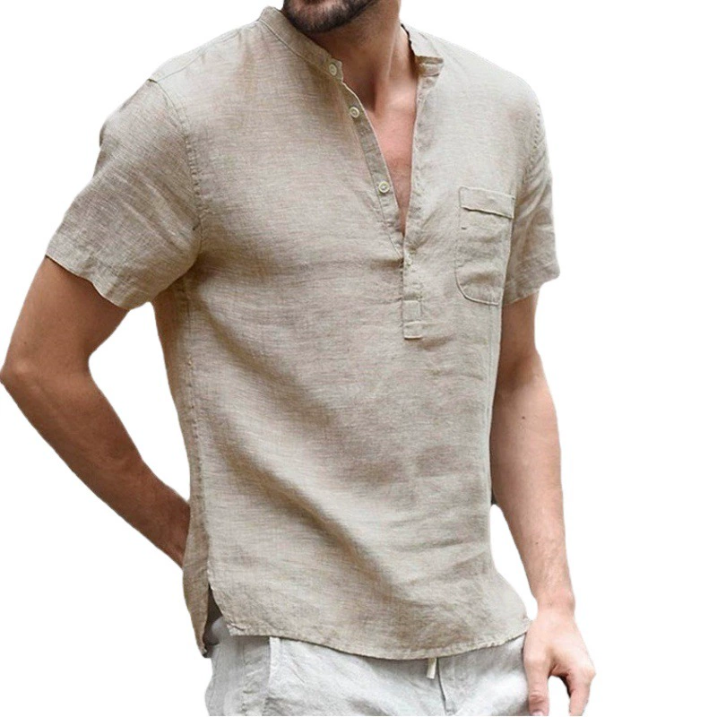 Новая Летняя мужская футболка из хлопка и льна с короткими рукавами и вертикальной пряжкой на воротнике и полуоткрытой простой рубашкой с короткими рукавами
