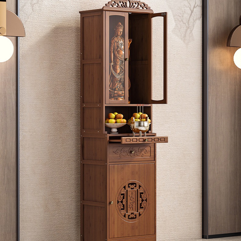 Creative Bamboo New Chinese Style Small Apartment Buddha Cabinet Vertical Cabinet Buddha Table God Table Ye Guanyin Statues Dust-proof Glass Door