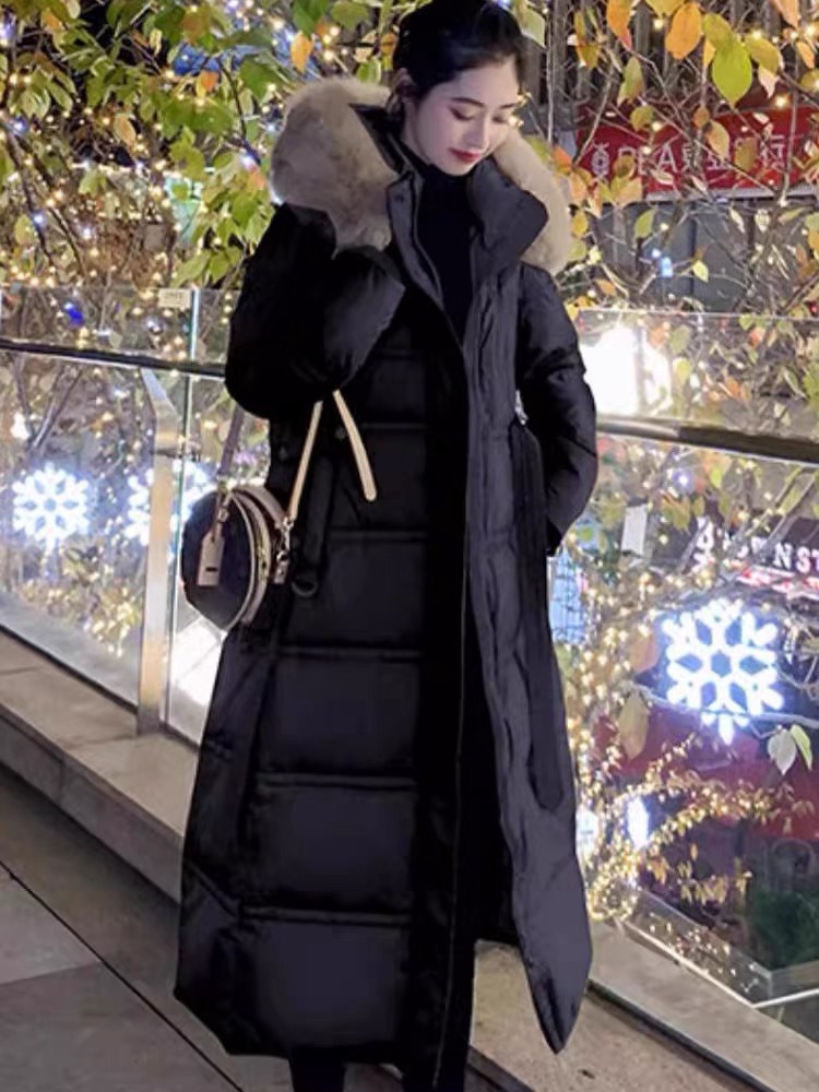 2025 新しい膝上ウエストスリムホワイトダックダウン肥厚冬コート韓国スタイルビッグファー襟ロングダウンジャケット女性のための