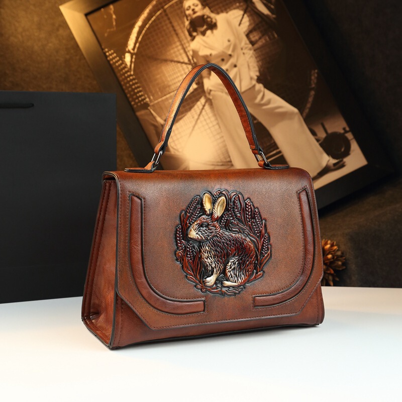 Embossed Rabbit Authentic Women's Handheld Boston Bag 2025 New Chinese Style Trendy Retro Single Shoulder Crossbody Bag