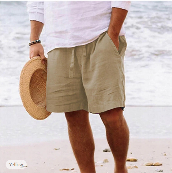 Summer new cotton linen shorts drawstring elastic waist straight leg solid color breathable daily beach five casual pants