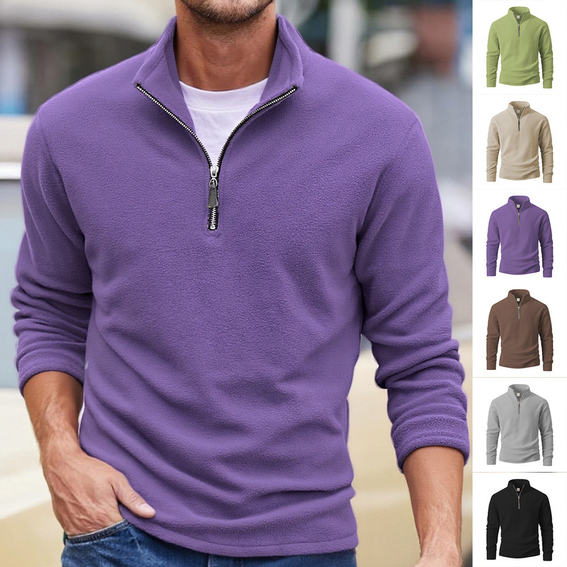 Cross-Border European and American Export European Size New Men's Polar Fleece Sweatshirt Stand Collar Half Zipper Solid Color Long-Sleeved Top Jacket